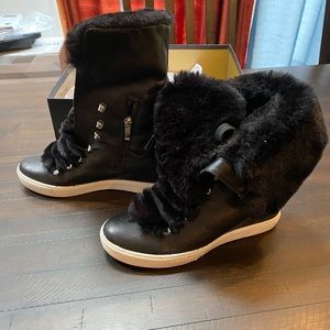 Donna Karan Cristin black faux fur wedge bootie